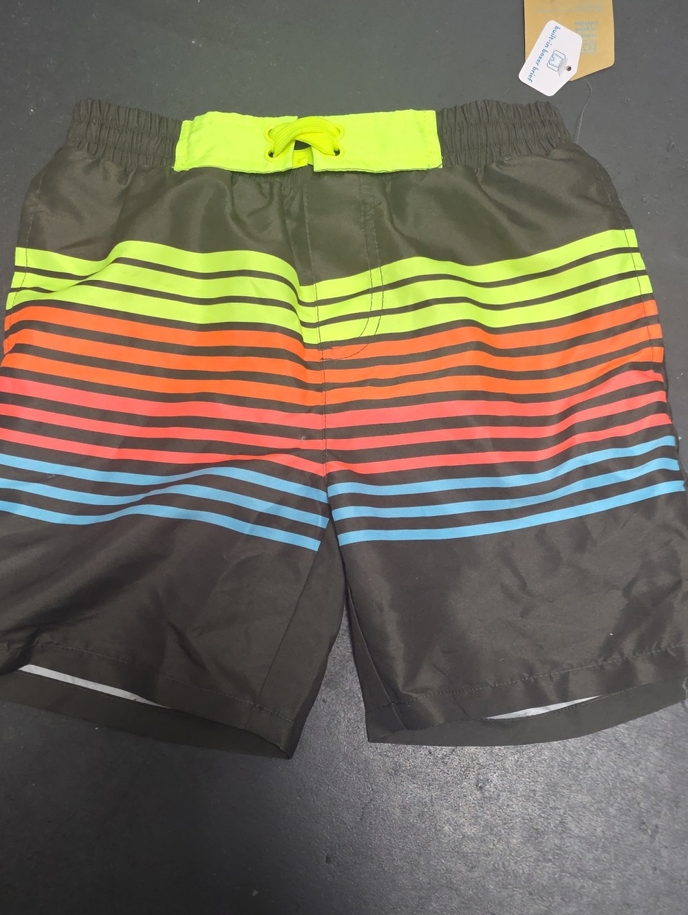 Boys Neon Stripe Swim Trunks - Green with Neon Yellow, Orange & Blue